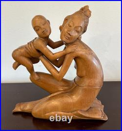 Antique Hand Carved Wood Woman & Child Folk Art Sculpture Statue Figure 10 Tall