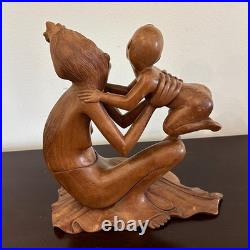 Antique Hand Carved Wood Woman & Child Folk Art Sculpture Statue Figure 10 Tall