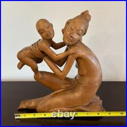 Antique Hand Carved Wood Woman & Child Folk Art Sculpture Statue Figure 10 Tall