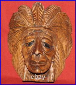 Antique Hand Carving Wood Indian Native American Head Figurine