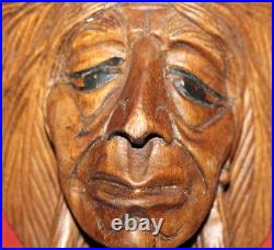 Antique Hand Carving Wood Indian Native American Head Figurine