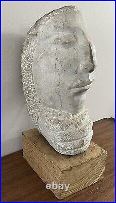 Antique Harvey Fite Stone Head Carving Sculpture Wood Base 38 Lbs Rare