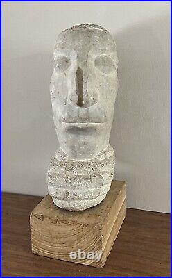 Antique Harvey Fite Stone Head Carving Sculpture Wood Base 38 Lbs Rare