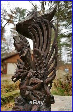 Antique Indian Hand Carved Wood Hindu Mythology Winged Griffin Dragon Sculpture