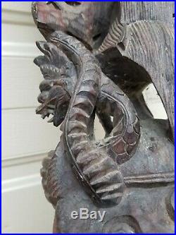 Antique Indian Hand Carved Wood Hindu Mythology Winged Griffin Dragon Sculpture