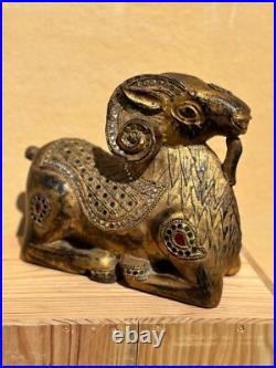Antique Indian Or South Asian Hand Carved Gilt Polychrome Wood Ram Sculpture Antique Indian Or South Asian Hand Carved Gilt Polychrome Wood Ram Sculpture