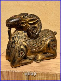 Antique Indian Or South Asian Hand Carved Gilt Polychrome Wood Ram Sculpture Antique Indian Or South Asian Hand Carved Gilt Polychrome Wood Ram Sculpture