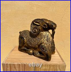 Antique Indian Or South Asian Hand Carved Gilt Polychrome Wood Ram Sculpture Antique Indian Or South Asian Hand Carved Gilt Polychrome Wood Ram Sculpture