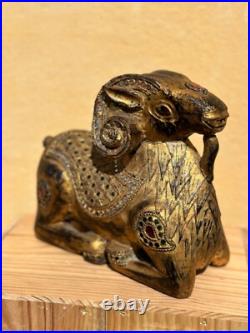 Antique Indian Or South Asian Hand Carved Gilt Polychrome Wood Ram Sculpture Antique Indian Or South Asian Hand Carved Gilt Polychrome Wood Ram Sculpture