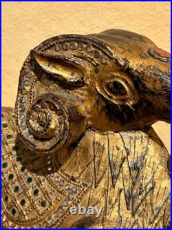 Antique Indian Or South Asian Hand Carved Gilt Polychrome Wood Ram Sculpture Antique Indian Or South Asian Hand Carved Gilt Polychrome Wood Ram Sculpture