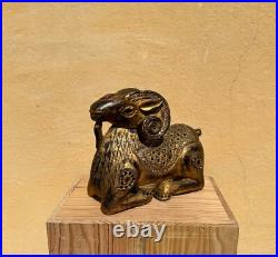Antique Indian Or South Asian Hand Carved Gilt Polychrome Wood Ram Sculpture Antique Indian Or South Asian Hand Carved Gilt Polychrome Wood Ram Sculpture