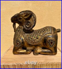 Antique Indian Or South Asian Hand Carved Gilt Polychrome Wood Ram Sculpture Antique Indian Or South Asian Hand Carved Gilt Polychrome Wood Ram Sculpture
