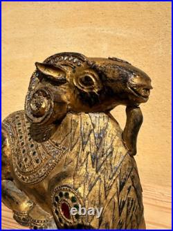 Antique Indian Or South Asian Hand Carved Gilt Polychrome Wood Ram Sculpture Antique Indian Or South Asian Hand Carved Gilt Polychrome Wood Ram Sculpture