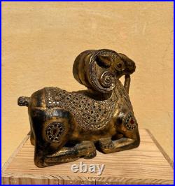 Antique Indian Or South Asian Hand Carved Gilt Polychrome Wood Ram Sculpture Antique Indian Or South Asian Hand Carved Gilt Polychrome Wood Ram Sculpture