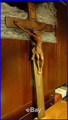 Antique Large 48 Wood Carving Church Wall Crucifix Cross Jesus Christ Statue