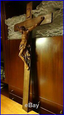 Antique Large 48 Wood Carving Church Wall Crucifix Cross Jesus Christ Statue