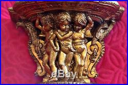 Antique Large French Carved Wood Gilded Cherub Sculptures Wall Shelf Bracket