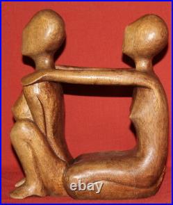 Antique Modernist Hand Carving Wood Nude Couple Statuette