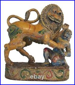 Antique Mythical Lion & Hunter Hand Carved & Painted India 19th Century