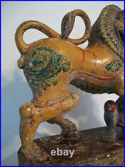 Antique Mythical Lion & Hunter Hand Carved & Painted India 19th Century