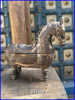 Antique Old Wooden Hand Carved Royal Horse Figure Box 1890
