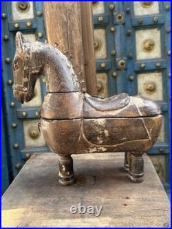 Antique Old Wooden Hand Carved Royal Horse Figure Box 1890