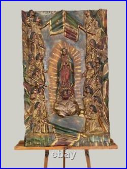 Antique Ornate Wood Carved Religious Panel The Virgin of Guadalupe Stunning