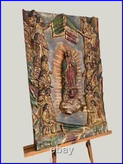 Antique Ornate Wood Carved Religious Panel The Virgin of Guadalupe Stunning