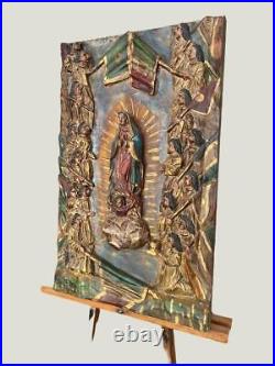 Antique Ornate Wood Carved Religious Panel The Virgin of Guadalupe Stunning