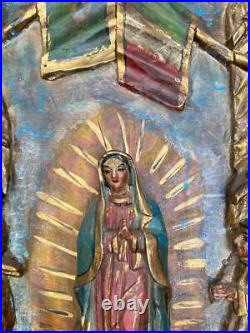 Antique Ornate Wood Carved Religious Panel The Virgin of Guadalupe Stunning