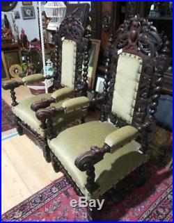 Antique Pair of Two Gothic Carved Oak Castle Throne Armchairs Chair Carving Wood