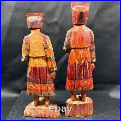 Antique Peruvian Hand Carved Wood Figures Pair Andean Folk Art Statues 8.5
