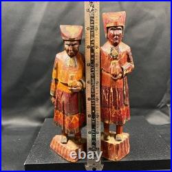 Antique Peruvian Hand Carved Wood Figures Pair Andean Folk Art Statues 8.5