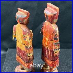 Antique Peruvian Hand Carved Wood Figures Pair Andean Folk Art Statues 8.5