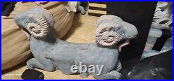 Antique Pier1 Double Headed Ram Carved Wood Sculpture Distressed Blue Set Of 2