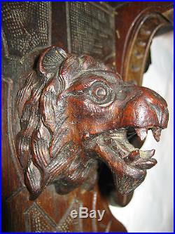 Antique Primitive Black Forest Carved Wood Lion Head Sculpture Statue Wall Shelf