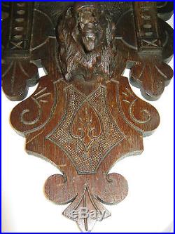 Antique Primitive Black Forest Carved Wood Lion Head Sculpture Statue Wall Shelf