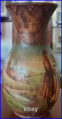 Antique Russian Folk Vase Wood Carved Painted Decorated Couples Rare Old 19th
