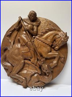 Antique Saint George Wood Carving Sculpture 17 19th 20th Century Dragon Horse