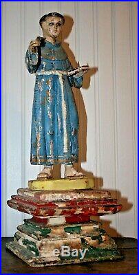 Antique Santos Statue Carved Wood Polychrome St. Anthony Architectural Sculpture