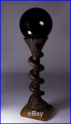 Antique Sculpture 18th C Wicca Carved Wood Snake Figure Crystal Ball Candelabra