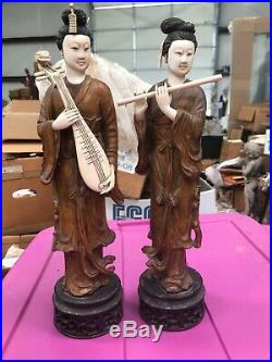 Antique Sculpture Oriental Chinese Hand Carved Wood And Bone Women Musicians