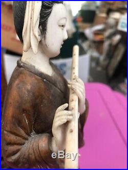 Antique Sculpture Oriental Chinese Hand Carved Wood And Bone Women Musicians