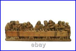 Antique Spanish Carving Folk Art Wood Carved Last Supper Jesus Sculpture Plaque