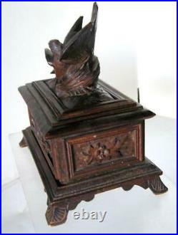 Antique Swiss Black forest Wood carved Jewelry Trinket box Bird Pair on NEST KEY