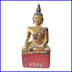 Antique Thai Gold Gilt Wood Carved Seated Buddha Statue on Red Base