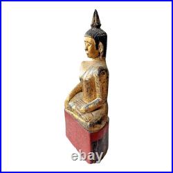 Antique Thai Gold Gilt Wood Carved Seated Buddha Statue on Red Base