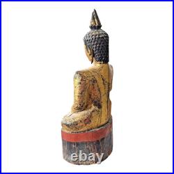 Antique Thai Gold Gilt Wood Carved Seated Buddha Statue on Red Base