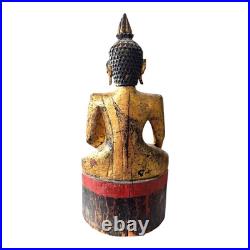 Antique Thai Gold Gilt Wood Carved Seated Buddha Statue on Red Base