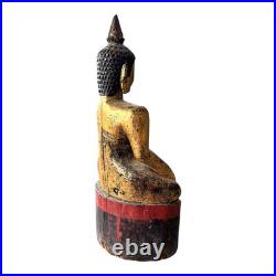 Antique Thai Gold Gilt Wood Carved Seated Buddha Statue on Red Base